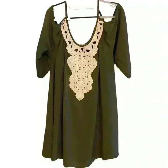 Solitaire Swim Cold Shoulder Swimsuit CoverUp Size S Olive Green w Embroidery - Picture 2 of 8